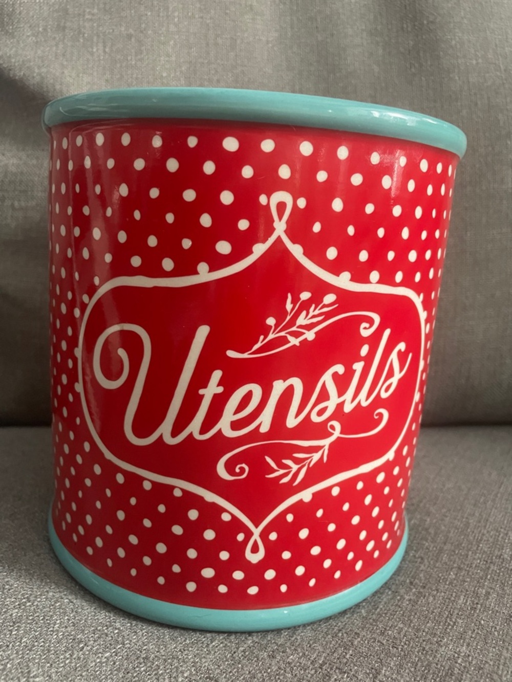 The Pioneer Woman Red and Teal Polka CrockDot Retired print Utensil Holder